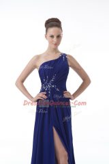 Customized Beading and Ruching Prom Dress Royal Blue Backless Sleeveless Floor Length