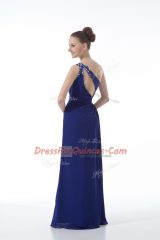 Customized Beading and Ruching Prom Dress Royal Blue Backless Sleeveless Floor Length