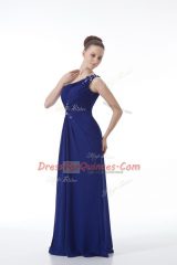 Customized Beading and Ruching Prom Dress Royal Blue Backless Sleeveless Floor Length