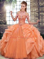 Beading and Ruffles 15 Quinceanera Dress Orange Lace Up Sleeveless Floor Length