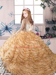 Aqua Blue Organza Lace Up Girls Pageant Dresses Sleeveless Floor Length Beading and Ruffled Layers