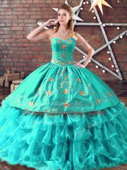 Sleeveless Organza Lace Up 15 Quinceanera Dress in Aqua Blue with Embroidery and Ruffled Layers