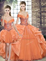 Orange Three Pieces Beading and Ruffles Quinceanera Dress Lace Up Organza Sleeveless Floor Length