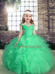 Fancy Straps Sleeveless Lace Up Kids Pageant Dress Apple Green Organza