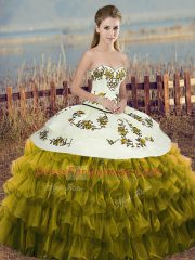 Pretty Olive Green Organza Lace Up Sweetheart Sleeveless Floor Length Sweet 16 Dresses Embroidery and Ruffled Layers and Bowknot