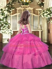 Trendy Red Ball Gowns Organza Straps Sleeveless Beading and Ruffled Layers Floor Length Lace Up Little Girls Pageant Dress