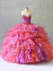 Elegant Floor Length Multi-color Ball Gown Prom Dress Organza Sleeveless Beading and Ruffles
