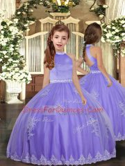 Lavender Sleeveless Floor Length Appliques Backless Kids Pageant Dress