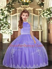 Lavender Sleeveless Floor Length Appliques Backless Kids Pageant Dress
