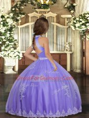 Lavender Sleeveless Floor Length Appliques Backless Kids Pageant Dress