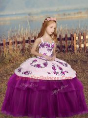 Best Fuchsia Sleeveless Floor Length Embroidery Side Zipper Pageant Gowns For Girls