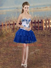 Edgy Royal Blue Ball Gowns Sweetheart Sleeveless Organza Mini Length Lace Up Embroidery and Ruffled Layers Prom Party Dress