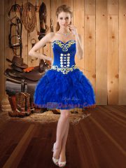 Suitable Sleeveless Organza Mini Length Lace Up Prom Gown in Royal Blue with Embroidery and Ruffles