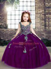 Best Straps Sleeveless Pageant Dress Wholesale Floor Length Appliques Purple Tulle