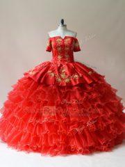 Red Quinceanera Dress Sweet 16 and Quinceanera with Embroidery and Ruffled Layers Off The Shoulder Sleeveless Lace Up