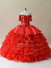 Red Quinceanera Dress Sweet 16 and Quinceanera with Embroidery and Ruffled Layers Off The Shoulder Sleeveless Lace Up