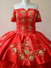 Red Quinceanera Dress Sweet 16 and Quinceanera with Embroidery and Ruffled Layers Off The Shoulder Sleeveless Lace Up