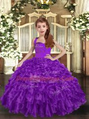Purple Sleeveless Floor Length Ruffles Lace Up Child Pageant Dress