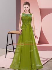 Sophisticated Olive Green Empire Chiffon Scoop Sleeveless Beading and Appliques Floor Length Zipper Quinceanera Dama Dress