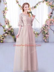 Flare Pink Empire Lace and Belt Dama Dress Side Zipper Tulle Half Sleeves Floor Length