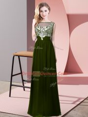 Olive Green Empire Chiffon Scoop Sleeveless Beading Floor Length Backless Prom Evening Gown