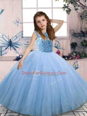 Blue Mermaid Tulle Scoop Sleeveless Beading Floor Length Lace Up Little Girls Pageant Dress Wholesale