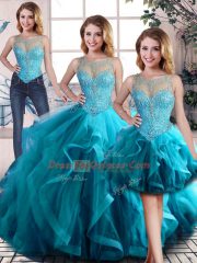 Decent Aqua Blue Sleeveless Tulle Lace Up Quince Ball Gowns for Sweet 16 and Quinceanera