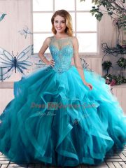 Decent Aqua Blue Sleeveless Tulle Lace Up Quince Ball Gowns for Sweet 16 and Quinceanera