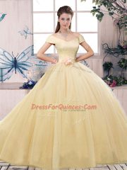 Designer Champagne Tulle Lace Up Off The Shoulder Short Sleeves Floor Length Quince Ball Gowns Lace and Hand Made Flower