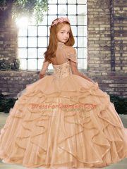 Blue Tulle Lace Up Little Girls Pageant Dress Wholesale Sleeveless Floor Length Beading and Ruffles
