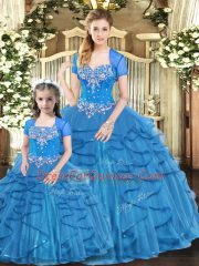 Blue Tulle Lace Up Sweet 16 Quinceanera Dress Sleeveless Floor Length Beading and Ruffles
