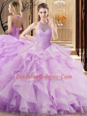 Fantastic Lilac Halter Top Lace Up Beading and Ruffles Sweet 16 Quinceanera Dress Brush Train Sleeveless