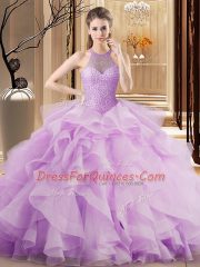 Fantastic Lilac Halter Top Lace Up Beading and Ruffles Sweet 16 Quinceanera Dress Brush Train Sleeveless