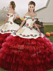 Sophisticated Organza Off The Shoulder Sleeveless Lace Up Embroidery and Ruffled Layers Quinceanera Gown in Wine Red