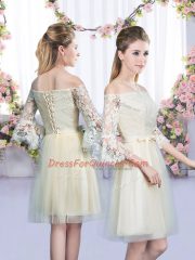 Stunning Champagne 3 4 Length Sleeve Lace and Bowknot Mini Length Damas Dress