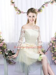 Stunning Champagne 3 4 Length Sleeve Lace and Bowknot Mini Length Damas Dress