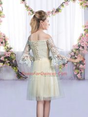 Stunning Champagne 3 4 Length Sleeve Lace and Bowknot Mini Length Damas Dress