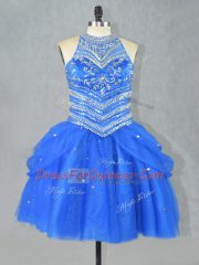 Extravagant Mini Length Lace Up Prom Evening Gown Blue for Prom and Party with Beading