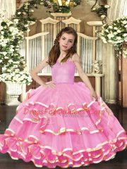 Pink Ball Gowns Beading and Ruffled Layers Child Pageant Dress Lace Up Organza Sleeveless Floor Length