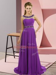 Scoop Sleeveless Chiffon Prom Dress Beading Brush Train Zipper