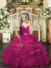 Customized Sleeveless Floor Length Beading Backless Pageant Gowns For Girls with Fuchsia