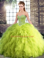 Floor Length Lace Up 15th Birthday Dress Yellow Green for Military Ball and Sweet 16 and Quinceanera with Beading and Ruffles