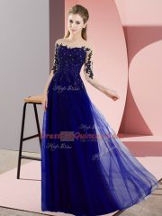 Half Sleeves Floor Length Beading and Lace Lace Up Quinceanera Dama Dress with Blue