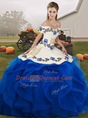 Amazing Off The Shoulder Sleeveless Tulle Quinceanera Gowns Embroidery and Ruffles Lace Up