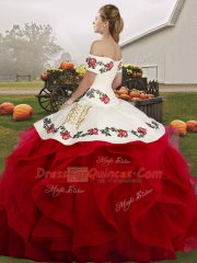 Amazing Off The Shoulder Sleeveless Tulle Quinceanera Gowns Embroidery and Ruffles Lace Up