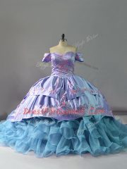 Blue Lace Up Off The Shoulder Ruffles Quinceanera Dresses Organza Sleeveless Chapel Train