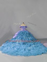 Blue Lace Up Off The Shoulder Ruffles Quinceanera Dresses Organza Sleeveless Chapel Train