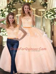 Scoop Sleeveless Sweet 16 Quinceanera Dress Floor Length Lace Peach Organza