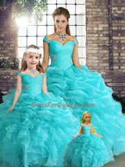 Aqua Blue Sleeveless Floor Length Beading and Ruffles and Pick Ups Lace Up Sweet 16 Dresses