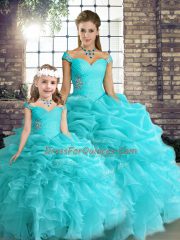 Aqua Blue Sleeveless Floor Length Beading and Ruffles and Pick Ups Lace Up Sweet 16 Dresses